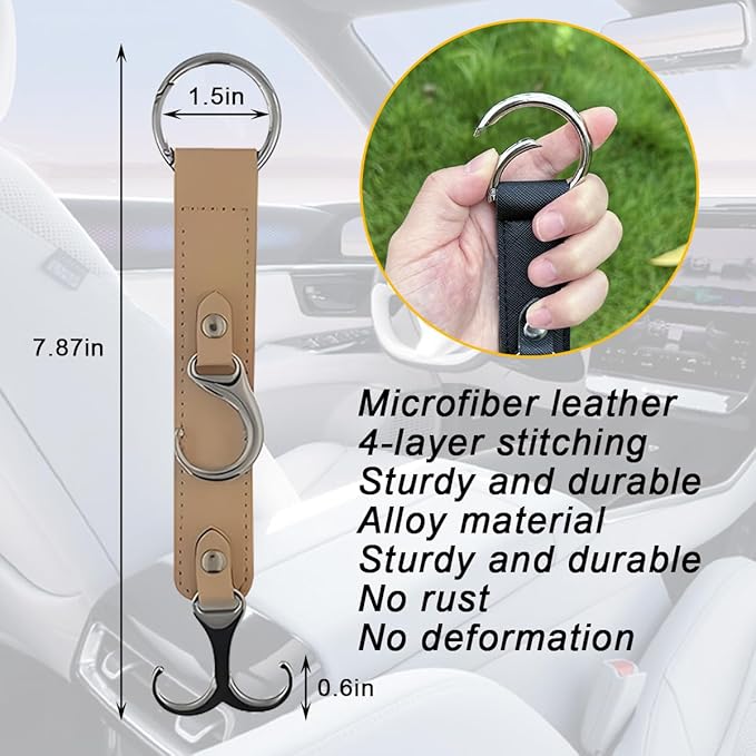 Car Seat Headrest Hook, 2PCS 3 in 1 Leather Vehicle Seat Back Hanger Holder for Grocery Purse Cloth Handbag, Automotive Backseat Storage Organizer, Universal for Truck SUV Sedan (Khaki)