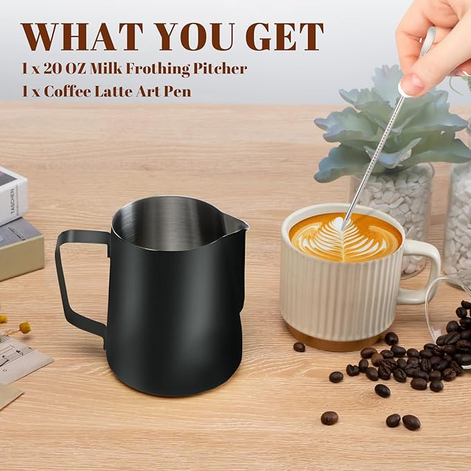Milk Frothing Pitcher, 20oz Milk Frother Cup with Clear Scale, 304 Stainless Steel Cappuccino Espresso Machine Accessories for Barista Coffee Bar with Latte Art Pen, Black