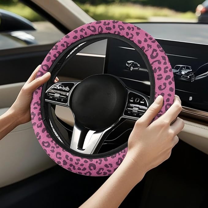 Universal Non-Slip Steering Wheel Cover, 15-inch Polyester Material Driving Accessories, Adjustable for Car and Truck(Rose Pink Leopard)