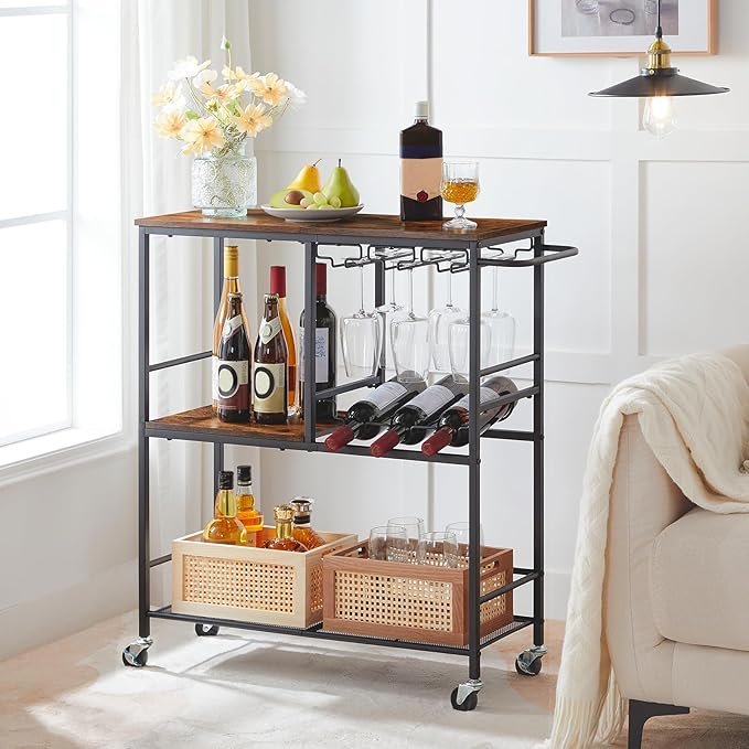 HOOBRO Bar Cart for The Home, 29.5 inches 3-Tier Serving Cart with Wheels, Rolling Kitchen Cart with Wine Rack and Glass Holder for Living Room, Party, Bar, Rustic Brown and Black BF21TC01G1