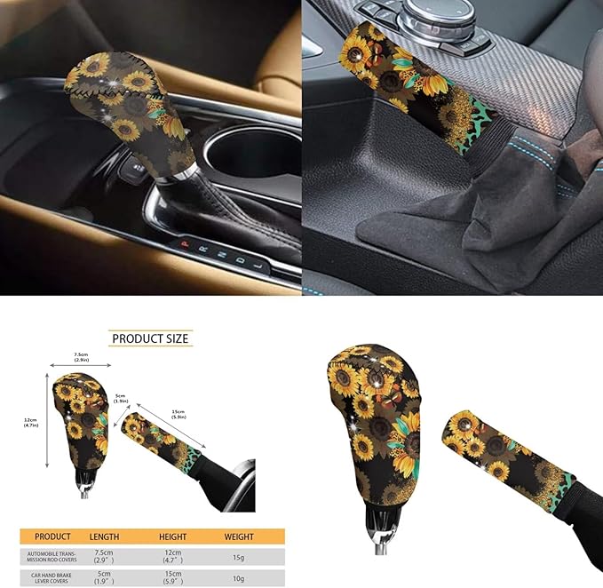 Sunflower Car Accessories 6pcs Set Leopard Hippie Steering Wheel Cover Handbrake Gear Cover Cup Coasters Set for Truck SUV