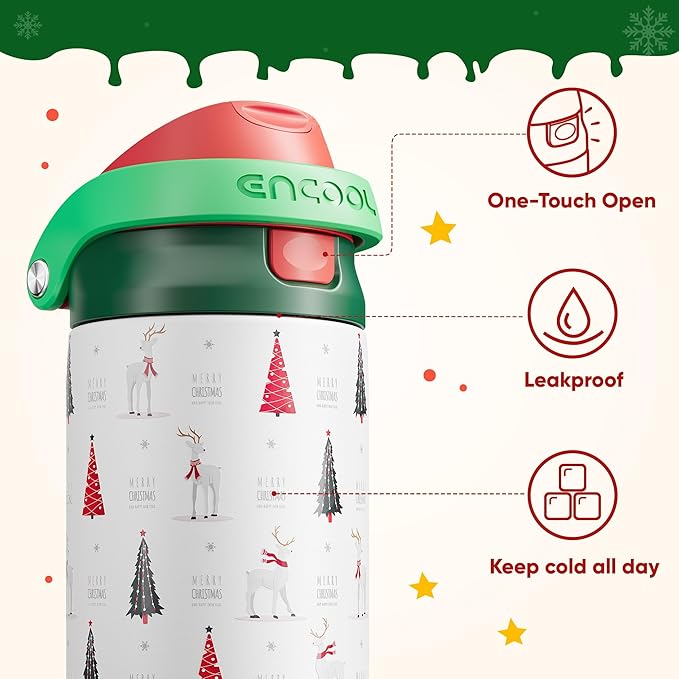 ENCOOL Christmas SwiftSip Insulated Water Bottle with Straw, Stainless Steel Water Bottle, Leak Proof BPA-Free, Keeps Cold for 24 Hours for Sports, Christmas Holiday Gifts for Women, 24oz, Nordic Noel