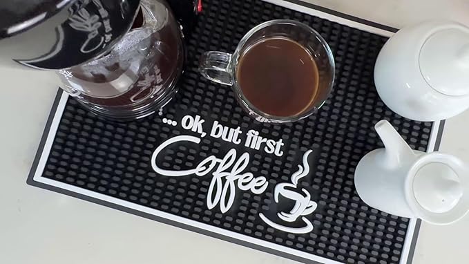 Ok But First Coffee Sign Rubber Bar Mat for Countertop, 18x12 Coffee Bar Mat, Coffee Bar Sign Counter Mat, Barista Station Mat, Cocktail Rubber Mat