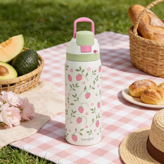 Strawberry Stainless Steel Water Bottle, Vacuum Insulated, Push-Button Lid, 32 oz, Gifts for Women Girls Friends Teens Birthday Christmas