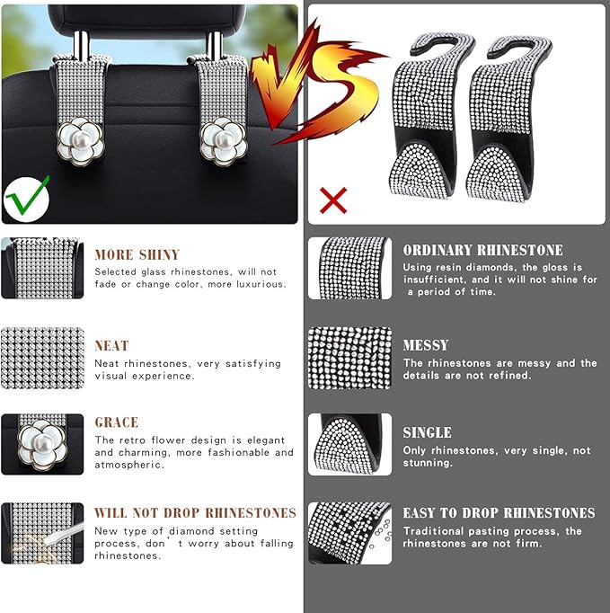 2-Piece Bling Car Seat Hooks - Headrest Hooks for Purses & Bags with Diamond Design (White)
