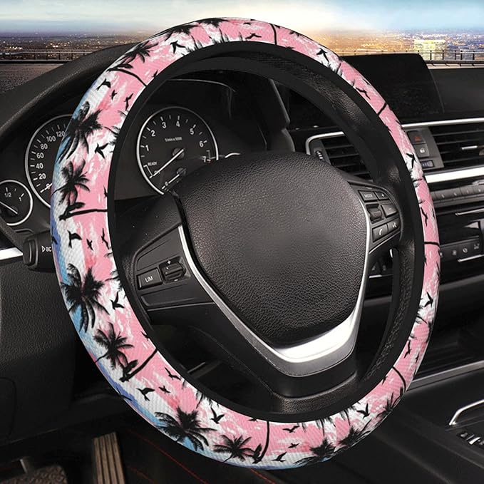 Black Palm Trees Birds Steering Wheel Cover for Women Men Girls, Car Accessories Decor Thickened Anti-Slip Auto Steering Wheel Covers Protector Universal Fit 15 Inch for Cars, Truck, SUV
