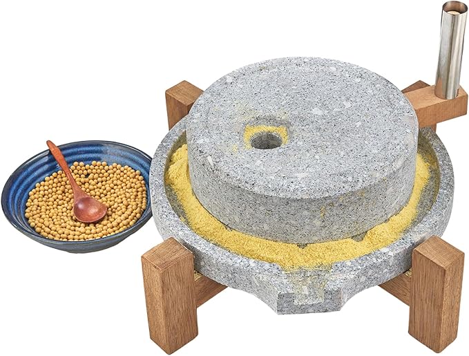 Stone Grain Mill - Manual Flour Mill with Stable Wood Base, Natural Granite Stone Grinder Mill for Dry & Wet Use, Home Kitchen Tool (9.8 x 13.8 inch)