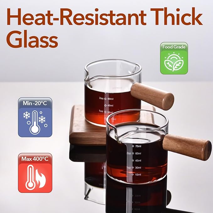 YARRAMATE 2.5 oz/75ML Espresso Shots Cup with Wood Handle, Clear Glass Espresso Measuring Cup with Dual Scale, Shot Glass with Single Spout, Dishwasher Safe