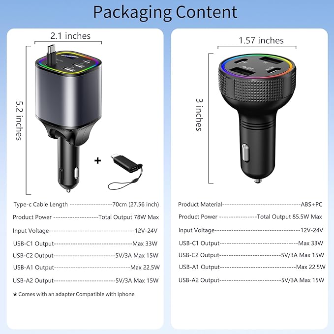 [2 Pack] Retractable Car Charger USB C 78W & 85.5W 4 in 1 Fast Car Charger, 4 Ports Cigarette Lighter Adapter with Retractable Cables, Compatible with iPhone 16/15/14/13/12/11, Galaxy, Pixel,