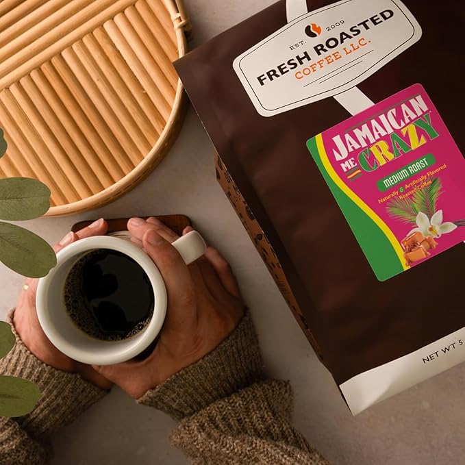 Fresh Roasted Coffee, Jamaican Me Crazy Flavored Coffee, 5 lb (80 oz), Medium Roast, Kosher, Ground