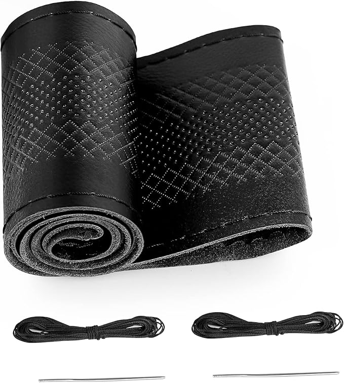 BELINOUS Leather Steering Wheel Cover Lace Up, Embossed Steering Wheel Wrap Fit for 13 3/4-16 Inch Car, Stitch on Wrap DIY w/Needle Thread (Size M4, Black)