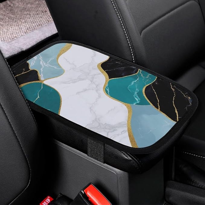 Auto Center Console Cover Non-Slip Car Armrest Cushion Cover Blue Turquoise Gray White Gold Black Marble Arm Rest Box Pad Auto Interior Accessories for Most Cars Vehicles