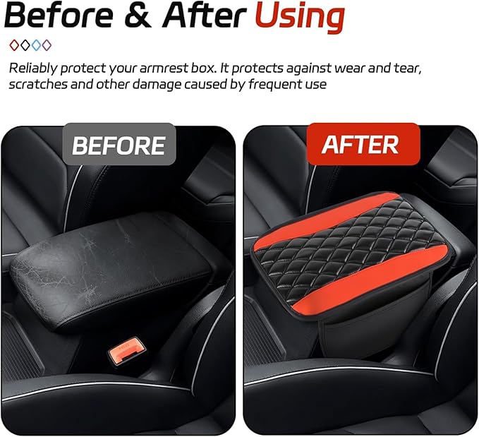 Car Center Console Cover for Acura MDX 2022 2023 2024, Memory Foam Arm Rest Cover Pad Comfortable Waterproof Armrest Cushion with 2 Storage Bags Universal Accessories,B/Red