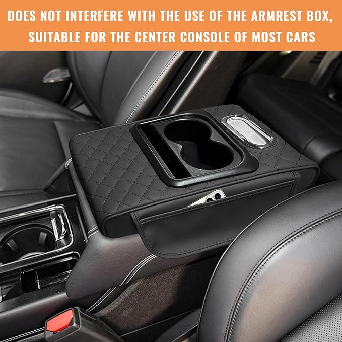 Car Center Console Armrest Pillow, 5-in-1 Armrest Cushion w/ 2 Side Bags, Tissue Box Slot, Cup & Phone Holder, Multifunctional Leather Arm Rest Cover Storage Organizer (Black, Embroidered)
