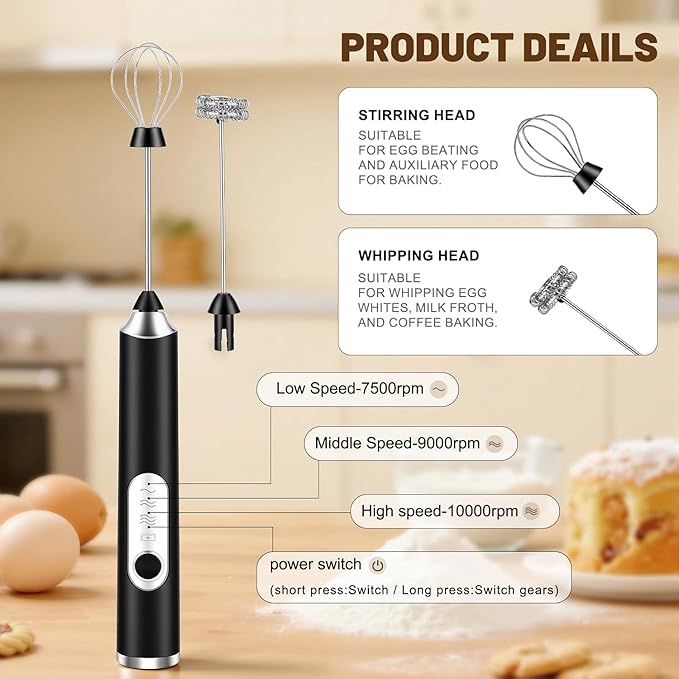 BEoffer Milk Frother Handheld + Stand Rechargeable 2000mAH Power Frother Wand Electric Foam Maker with 2 Stainless Whisks 3 Speeds Drink Mixer Coffee Frother for Latte, Cappuccino Matcha Hot Chocolate