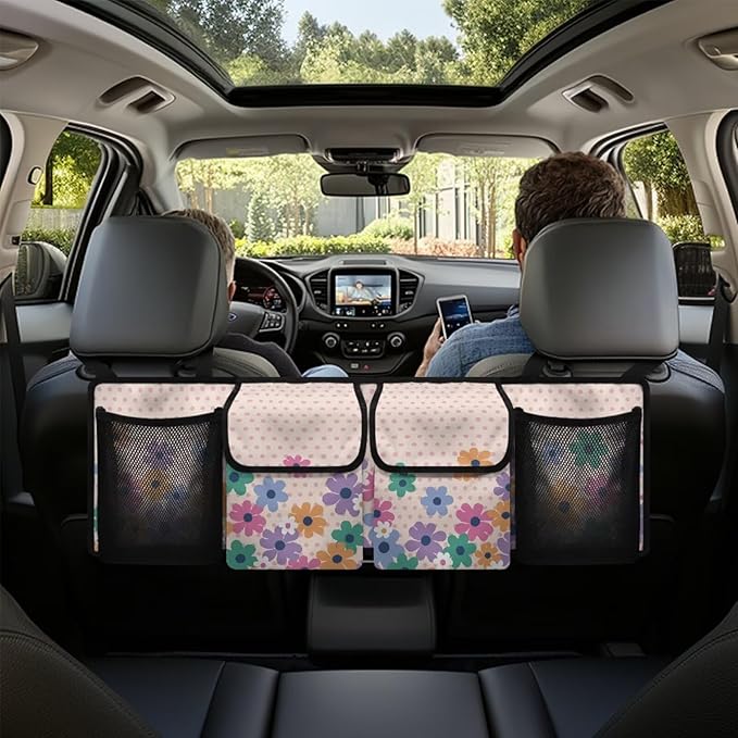 Floral Car Trunk Organizer and Storage with Adjustable Straps, Backseat Hanging Organizer for SUV, Truck, MPV, Waterproof Cargo Storage Bag Car Interior Accessories for Women and Men