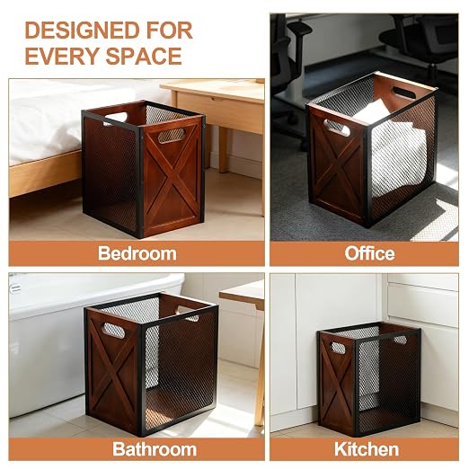 Rustic Office Trash Can - Rectangular Waste Basket with Iron Mesh, 4.5 Gallon Wooden Garbage Can, Bathroom Garbage Bin with Handles, Decorative Trash Can for Home Office Bedroom