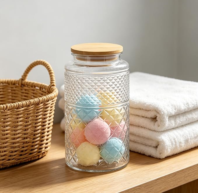 1 Gallon Large Airtight Glass Storage Jars with Bamboo Lid, Kitchen Pantry & Bathroom Laundry Room Organizer Canisters for Flour, Sugar, Cookie, Pasta, Rice, Snack, Coffee Bean, Tea, Spice, Cereal