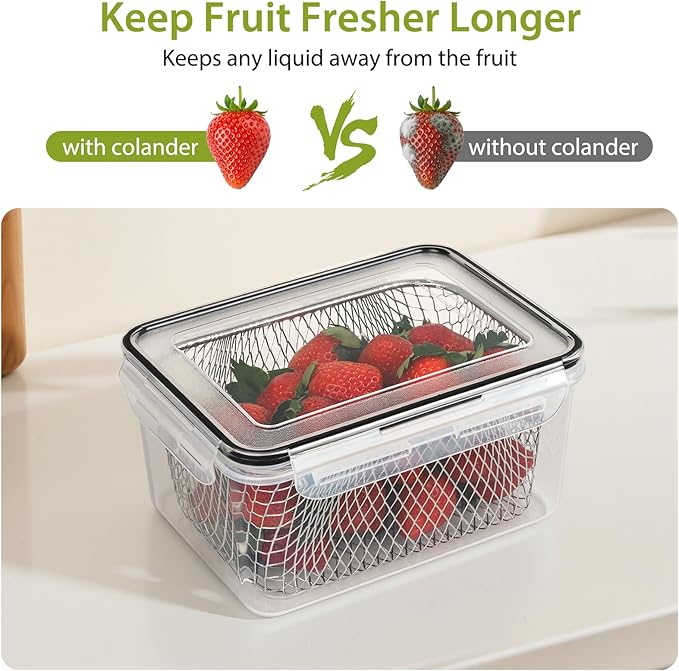 3 PCS Large Fruit storage Containers for Fridge - Leakproof Food Storage Containers with Stainless Steel Colander - Dishwasher safe Produce Containers Keep Fruits, Vegetables, Berry, Meat Fresh longer