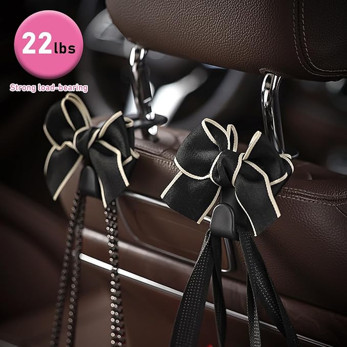 2 PCS Car Seat Headrest Hook, Cute Bow Knot Auto Seatback Hanger Storage Organizer, Vehicle Back Seat Hanging Hooks for Purse Coat Umbrella, Interior Decor Car Accessories (Black)