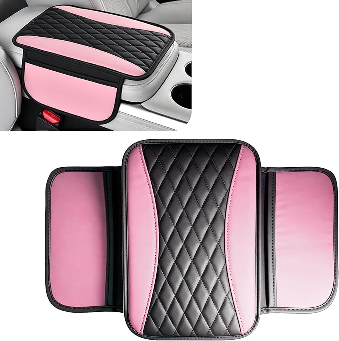 Patchwork Leather Center Console Cover, Upgraded Car Armrest Cover with 2 Storage Bags, Universal Arm Rest Covers for Car, Vehicle Interior Accessories Middle Console Cushion Organizer (Pink)