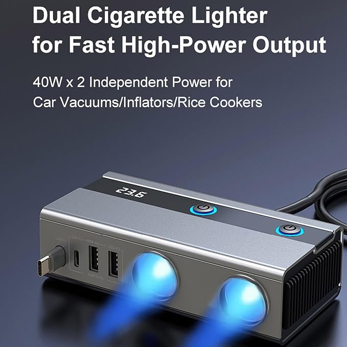 Socket Adapter with Retractable Type C Cable Car Phone Charging and USB/USB C MultiPort for Fast Charging Double Socket Adapter