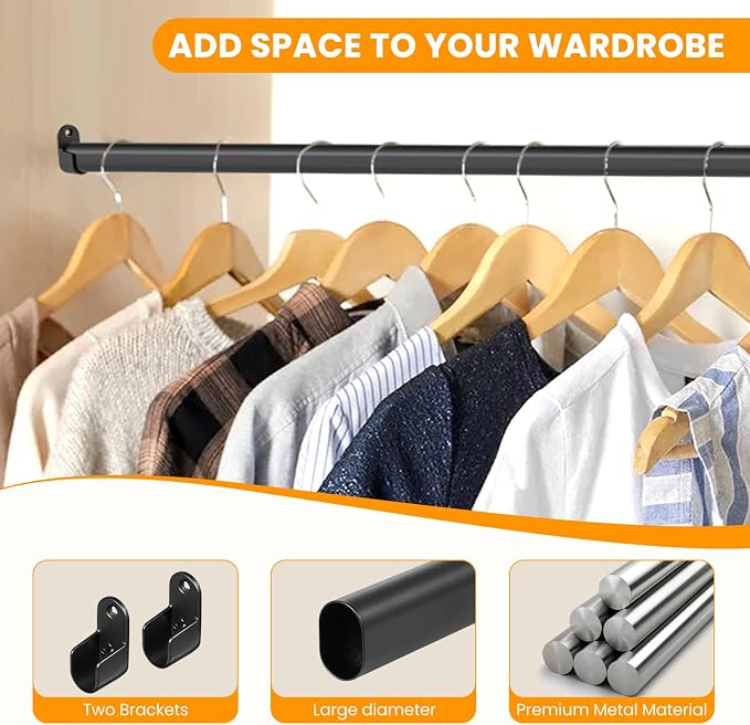 Oval Closet Rod for Hanging Clothes Adjustable Closet Rods 18 to 63 Inch Heavy Duty Black Poles Bar Closet Rod Expandable for Wardrobes Laundry RV