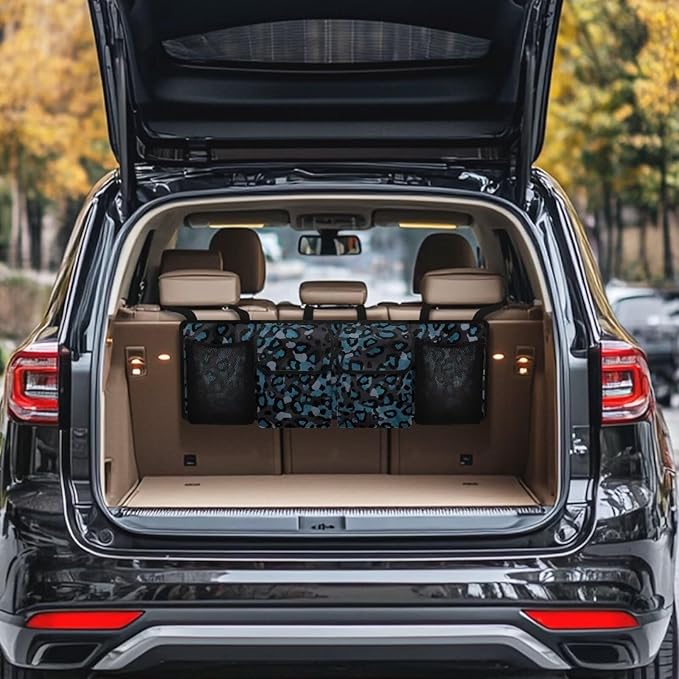 Blue Leopard Backseat Trunk Organizer Waterproof Hanging Car Storage Bag with 4 Pockets & Buckle Straps, Universal Fit Automotive Accessories for SUV Truck Van