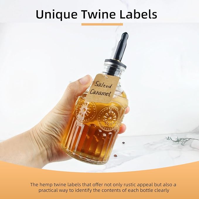 Simple Syrup Bottles Set of 2, Glass Coffee Syrup Dispenser Bottles 7 OZ With Metal Pour Spout, Labels and Stopper, Glass Syrup Dispenser for Maple Honey Syrup Oil and Sauces, LC002