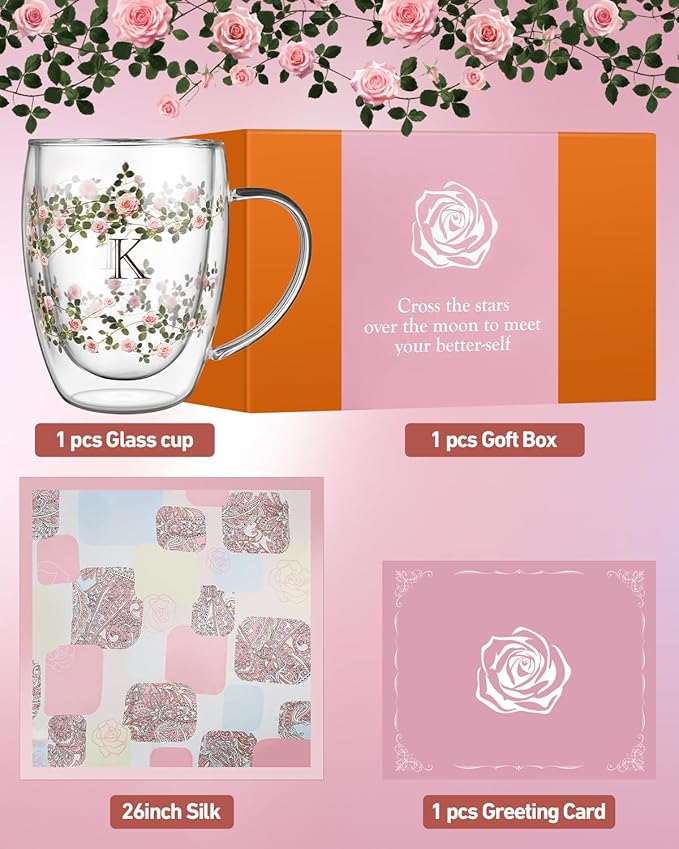 Initial Glass Cup for Women, 12oz Rose Double Walled Glass Coffee Mugs, Personalized Gifts for Women, Initial Coffee Tea Mug with Scarf, Birthday Wedding Gifts for Her Mom Teacher (ROSE-Y)