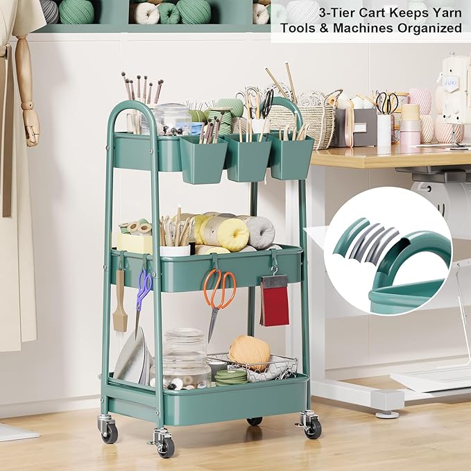 3 Tier Green Metal Rolling Cart with Lockable Wheels and Handle, 3 Tiered Utility Storage Organizer Carts for Teachers, Arts, Craft, Snack, Book, Bedside, Nursery, Cleaning Supplies, Easy Assembly