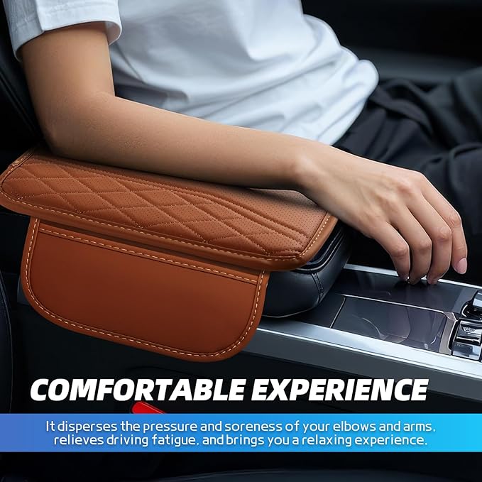 Car Center Console Cover, 11.8"×6.7" Leather Armrest Cover for Cars, Multifunctional Auto Armrest Cushion Pad with Storage Pocket, Universal Arm Rest Protector Car Accessories (Brown)