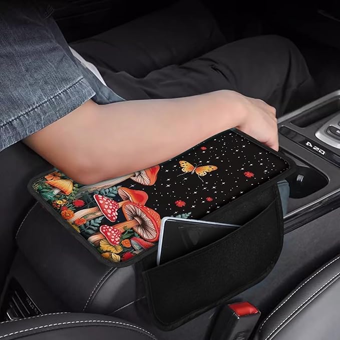 Dreaweet Mushroom Car Accessories Armrest Cover for Truck SUV Van,Black Center Console Covers with Pockets,Soft Comfy Arm Rest Cover Pad Universal Fit