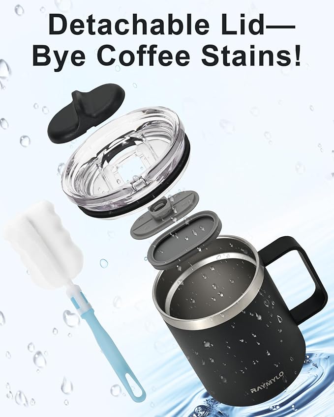 Insulated Coffee Mug 12 oz, Double Wall Stainless Steel Coffee Mug with Lids, Leak-Proof & Detachable Slider Lid for Thorough Clean, Keeps Coffee Cold for 9 Hrs, Suitable for Camp Home Office