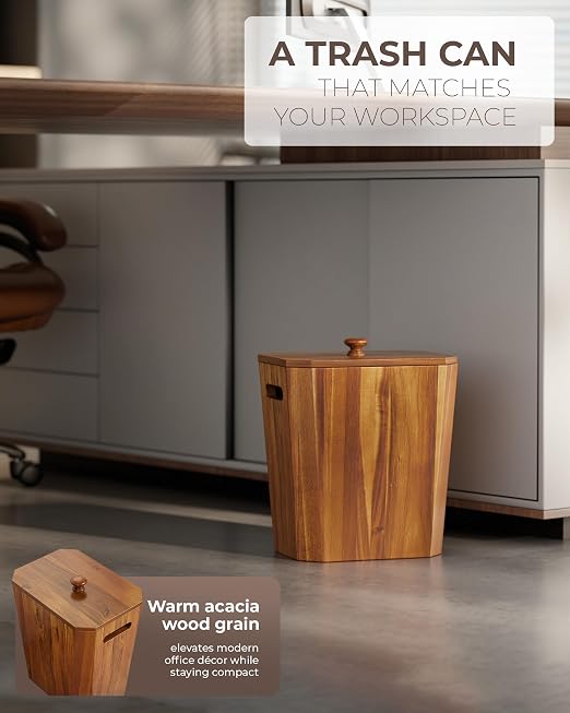 BLUEWEST 2.6 Gallons Acacia Wooden Bathroom Trash Can with Lid & PP Liner – Small Wastebasket with Handle, Decorative Wood Bin for Bedroom, Office or Under Counter Use