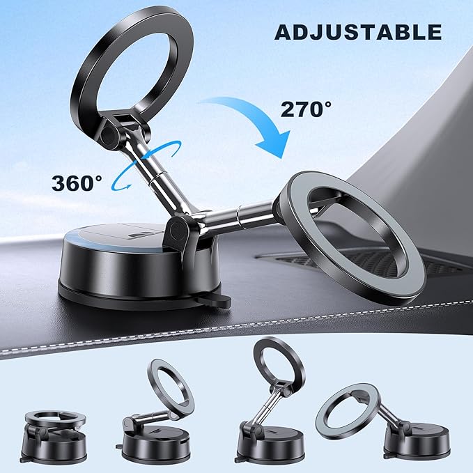 MOKPR Car Phone Holder for Magsafe, Vacuum Magnetic Car Phone Mount Foldable Hands-Free Suction Cup Phone Holders for Your Car for iPhone 16 Pro/Pro Max 15 14 13 12