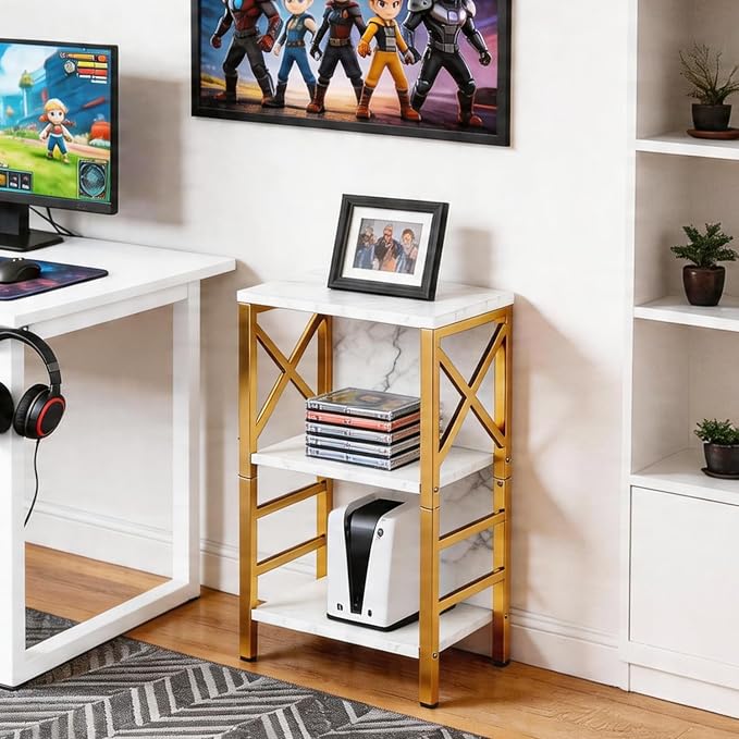 MNEETRUNG Small Bookshelf,3 Tier Industrial Bookcase with Metal Frame and Backboard,Low White and Gold Book Shelf,Book case for Small Spaces,Living Room,Bedroom and Home Office