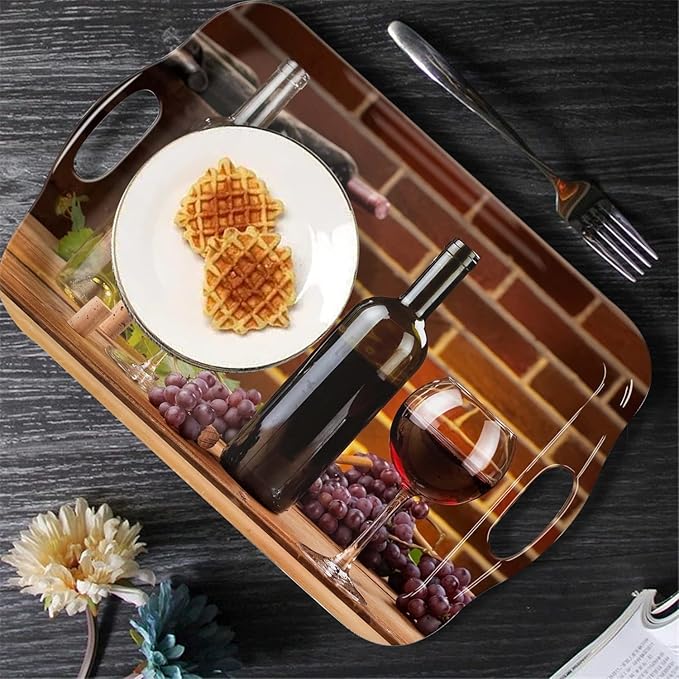 Serving Tray Decorative Tray with Handles Multi-Purpose Rectangular Serving Trays for Restaurant, Parties, Coffee Table, Kitchen - Red Wine Grapes
