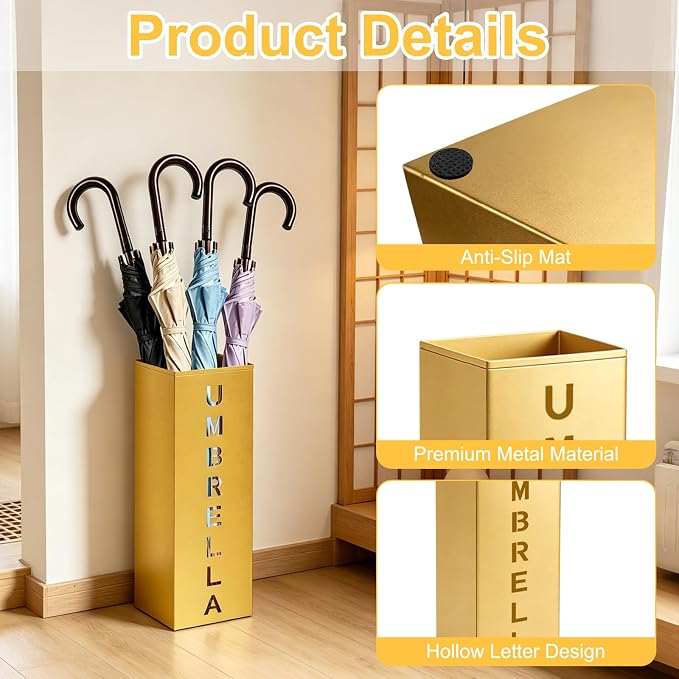 Gold Metal Umbrella Holder, Square Freestanding Umbrella Rack Stand Storage Bucket for Indoor Entryway, Home, Office and Hotel, 16.26 x 6.46 x 6.46 Inch