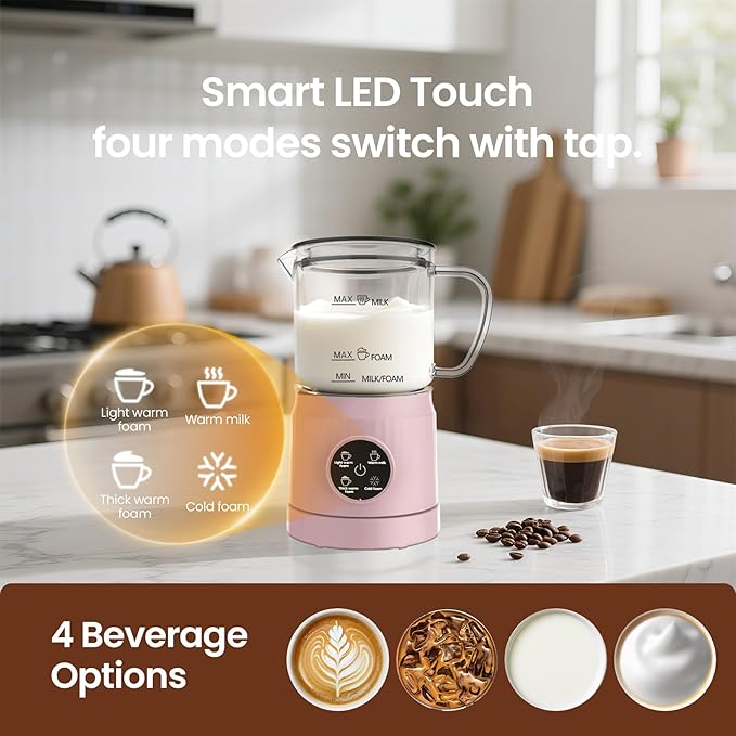 4-in-1 Milk Frother, Electric Milk Frother and Steamer with LED Touch Screen, Non-stick Bottom, Milk Warmer 13.52oz for Lattes, Cappuccinos, and Macchiatos at Home (pink)
