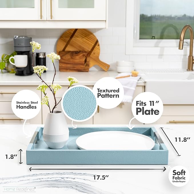 Modern 17.5"x12" Rectangle Baby Light Blue Glossy Shagreen Faux Leather Decorative Tray Ottoman Coffee Table Perfume Living Room Kitchen Serving Tray with Silver Metal Handles by Home Redefined