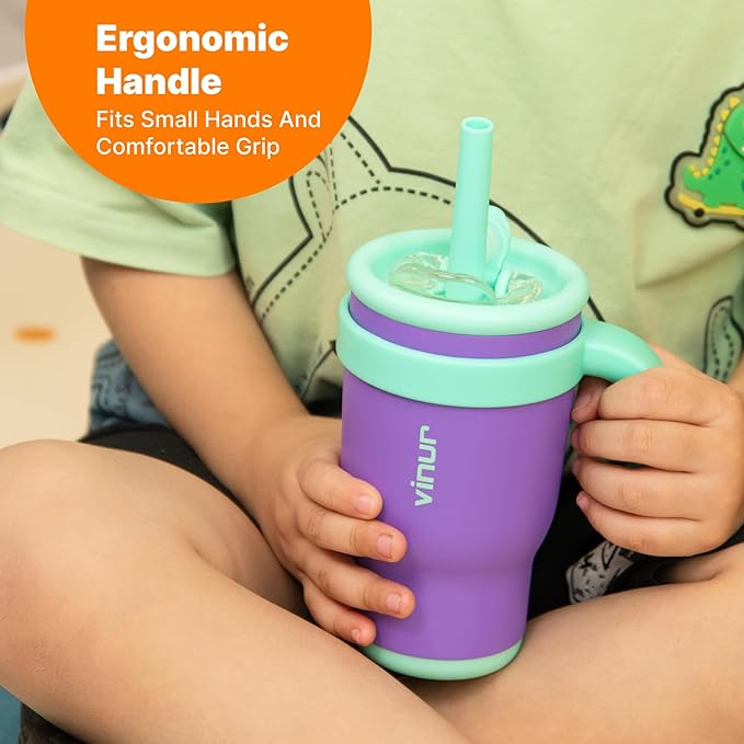 VINUR Kids 14 oz Tumbler with Handle and Straw Lid | Leak Resistant | Reusable Stainless Steel Insulated Tumbler Travel Water Mug with Rubber Base-Cup Holder Friendly, Canyon Red