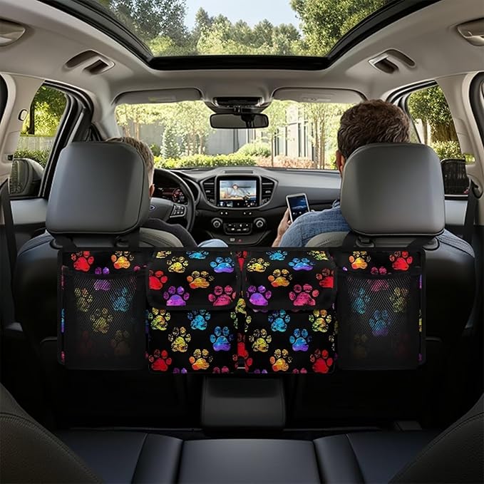 Colorful Dog Paw Car Organizer, Trunk Organizer for SUV, Car Trunk Organizer and Storage, Car Interior Accessories Backseat Hanging Organizer with 4 Pockets, Waterproof Storage Bag for Car