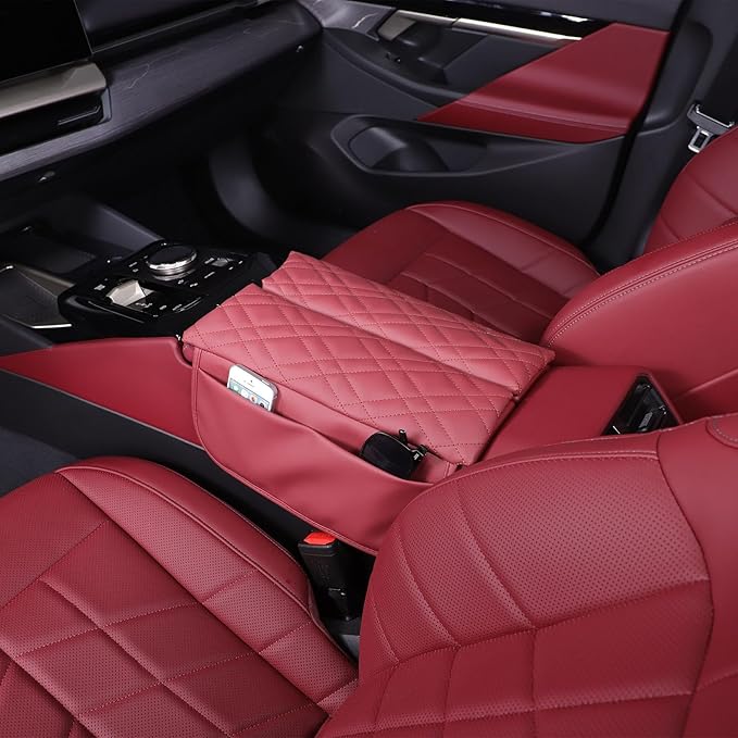 Car Center Console Cover Compatible with BMW 5 Series G60 2024 Sedan,Center Seat Armrest Cover Pad Leather Cushion Anti-Scratch Protector with Side Mobile Phone Storage Pockets 2PCS (Burgundy Color)