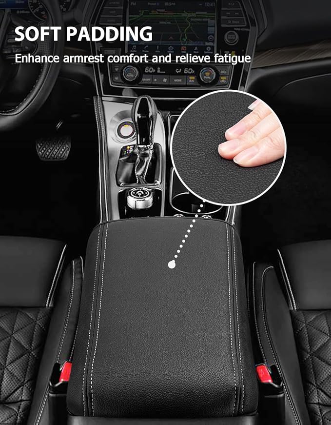 Center Console Cover for Nissan Maxima 2016 2017 2018 2019 2020 2021 2022 2023, Vinyl Leather Middle Console Protector Pad, Armrest Lid Covering, Anti-Scratch, Black-Gray Stitching