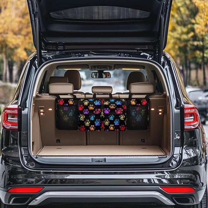 Colorful Dog Paw Car Organizer, Trunk Organizer for SUV, Car Trunk Organizer and Storage, Car Interior Accessories Backseat Hanging Organizer with 4 Pockets, Waterproof Storage Bag for Car