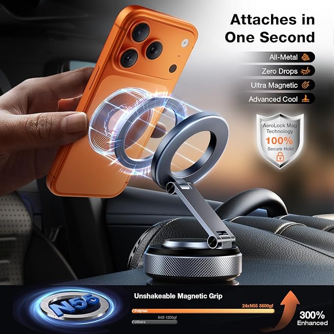 Magnetic Phone Holder for Car, Aerospace Aluminum iPhone Mount with 3200gf Magnet & 80LBS Vacuum Suction, 360° Adjustable Dashboard Mount Compatible with MagSafe iPhone 17 Pro Max/16/15/14/13