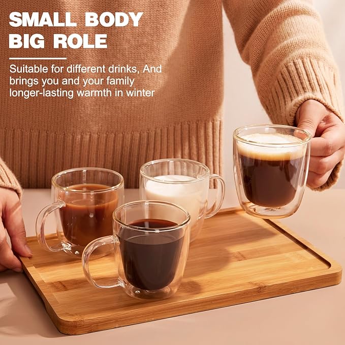 Double Walled Espresso Cups Set of 4, Hand Blown 5.5OZ Espresso Shots Glass, Coffee Mugs with Handle Perfect for Latte, Cappuccino, Tea