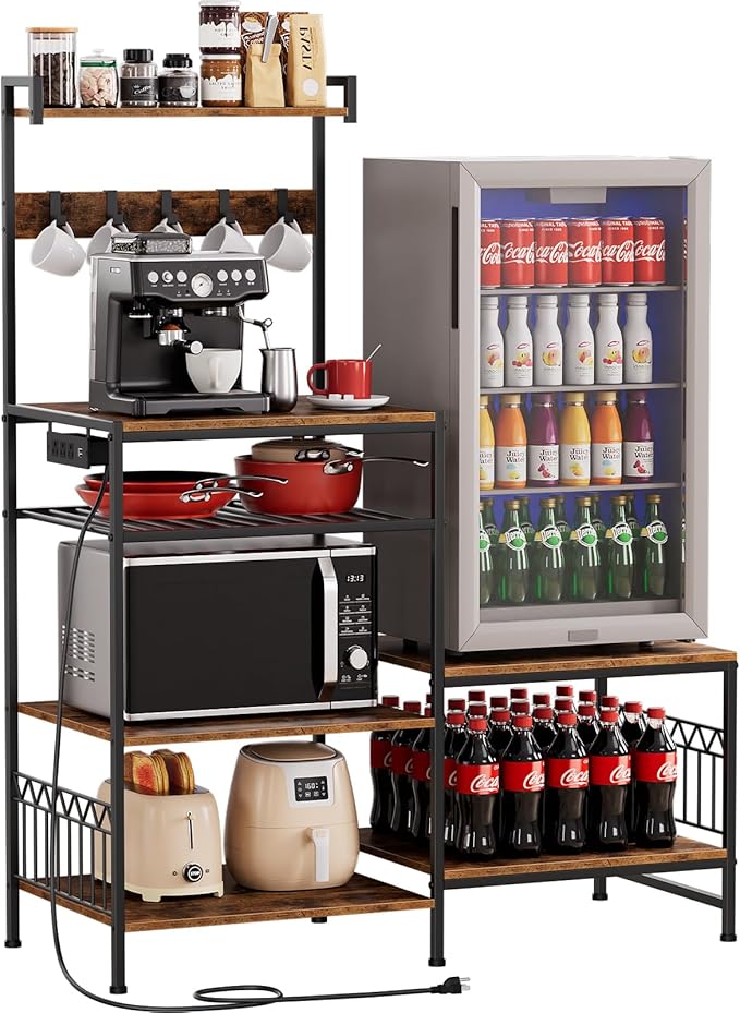 Portin Kitchen Shelf Bakers Rack with Power Outlet, Mini Fridge and Microwave Stand Coffee Bar Table with S-Hooks, Storage Shelf Rack for Spices, Pots and Pans - Rustic Brown