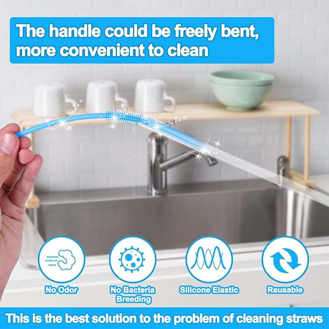 XANGNIER Silicone Straw Cleaner Brush,2 Pcs Reusable Extra Long Straw Cleaner Brush for Cleaning Plastic Metal Stainless Steel Glass Boba Clear Smoothie Travel Drinking Straws,Straw Cover